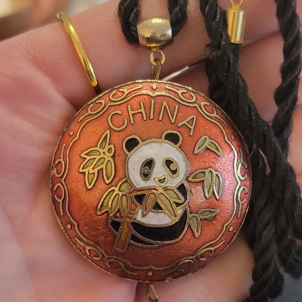 Vintage China panda double sided Cloisonne necklace